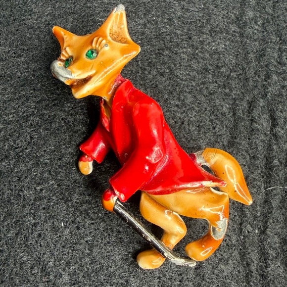 JJ Jonette Jewelry - VTG JJ Jonette Fox Enamel Brooch Red Green Rhinestone Eyes Pin Anthropomorphic